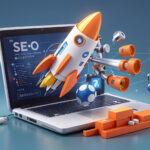 3d seo optimization with rocket for marketing social media concept interface for web analytics strategy and research planing in laptop 3d seo strategy vector icon render illustration