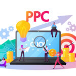 Pay Per Click Concept. Tiny Characters at Huge Computer Desktop with Cursor Clicking on Ad Button. Ppc Business, Cpc Advertising Technology, Sponsored Listing. Cartoon People Vector Illustration